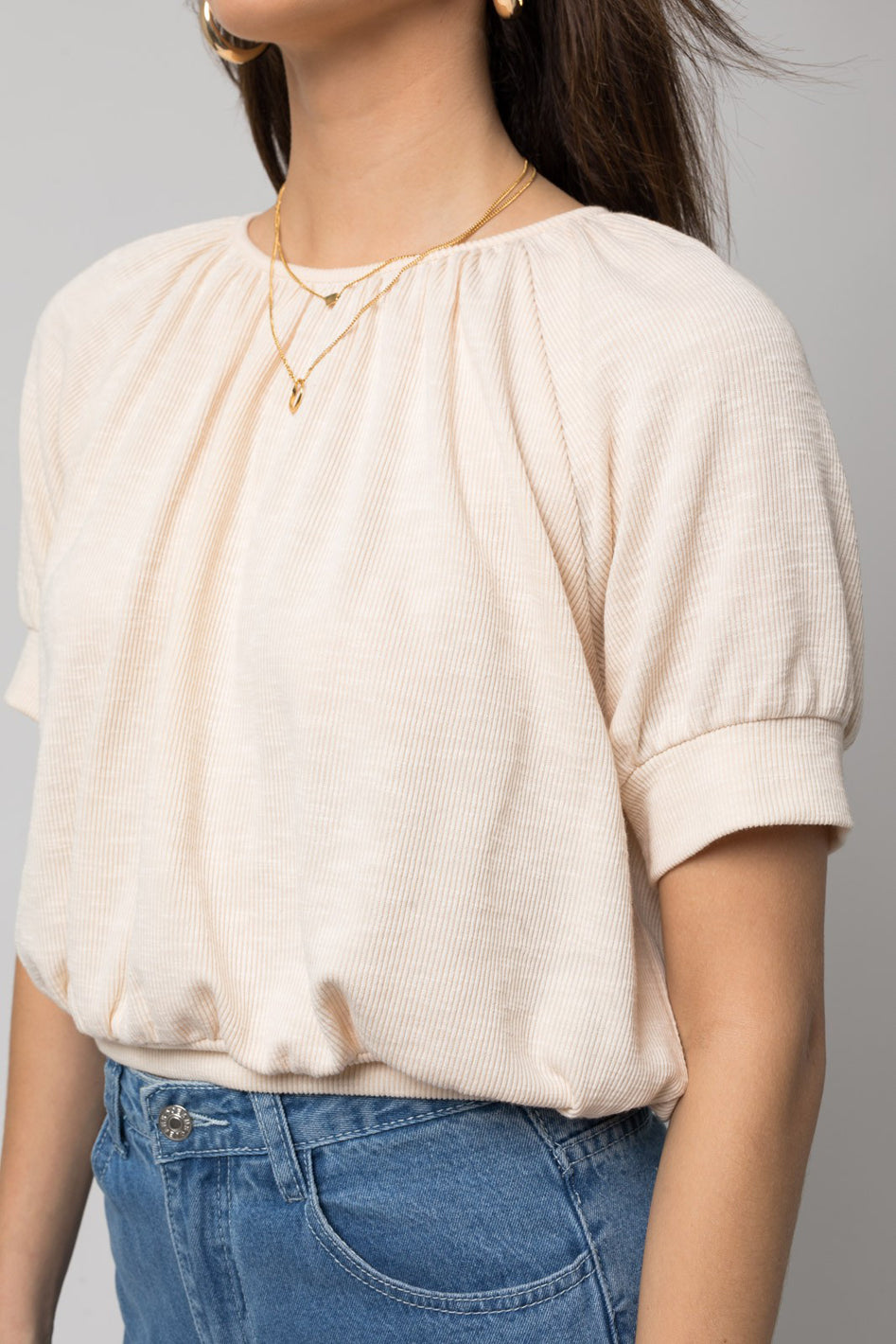 Marseille Shirring Neck Ribbed Short Sleeve Top