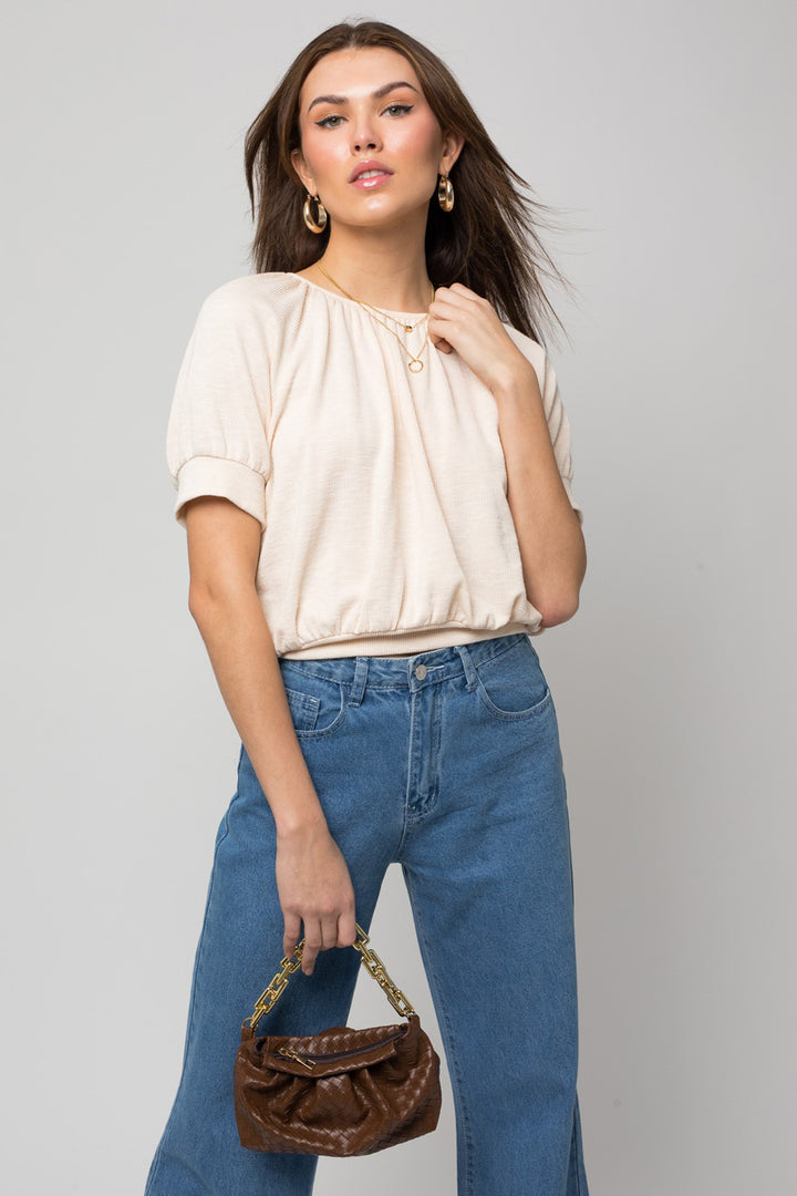 Marseille Shirring Neck Ribbed Short Sleeve Top