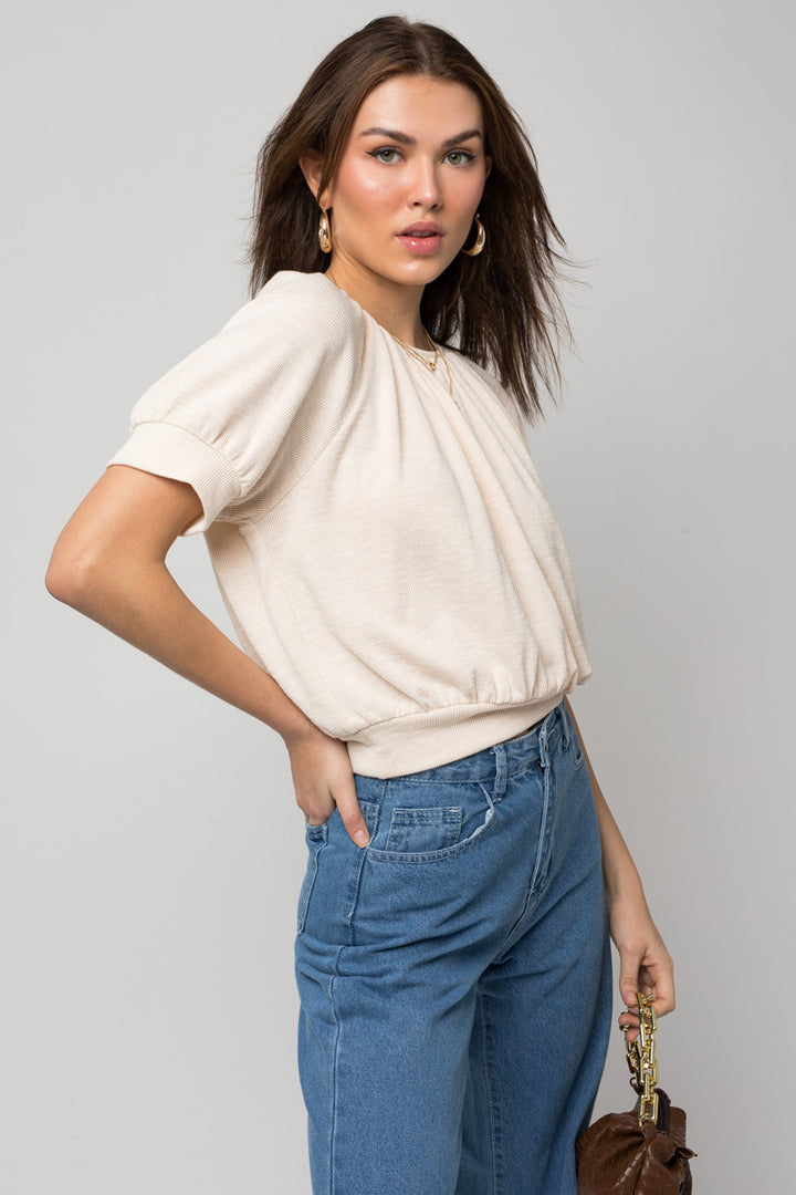 Marseille Shirring Neck Ribbed Short Sleeve Top