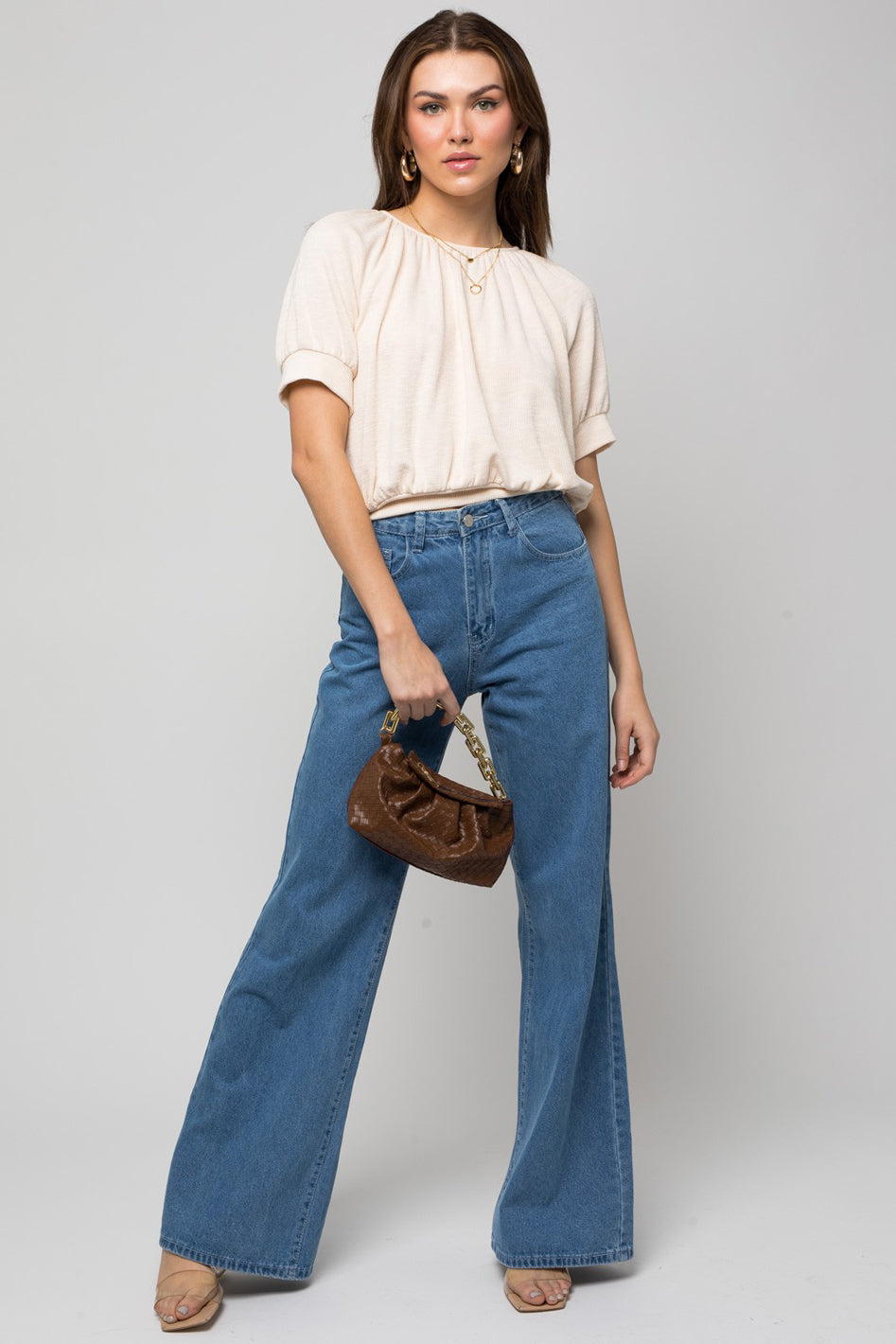 Marseille Shirring Neck Ribbed Short Sleeve Top