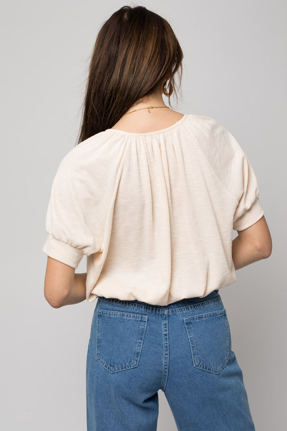 Marseille Shirring Neck Ribbed Short Sleeve Top