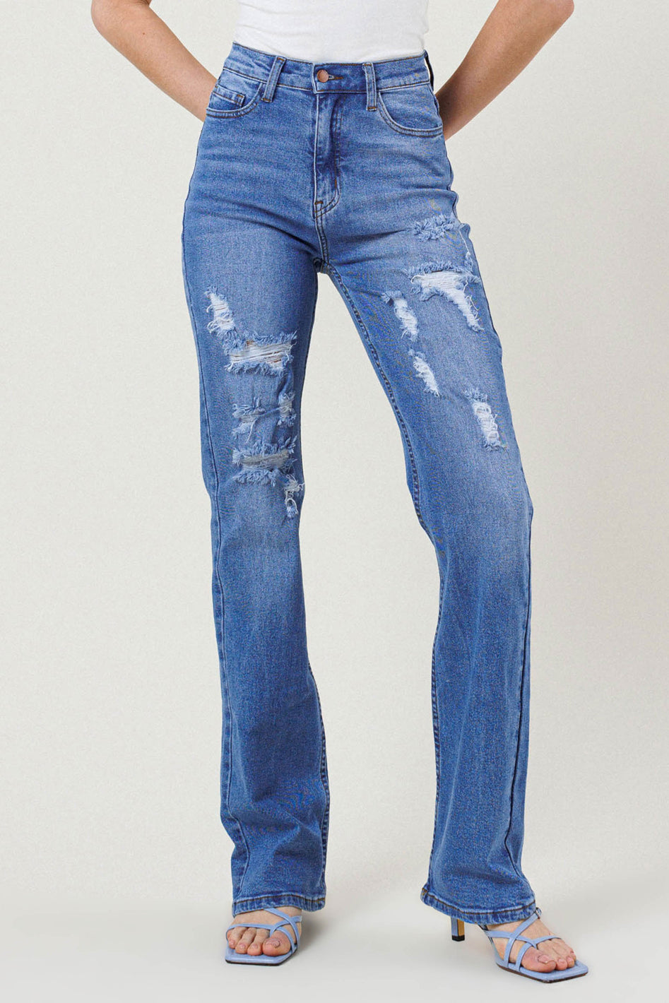 High Rise Distressed Straight Leg Jeans - Azoroh