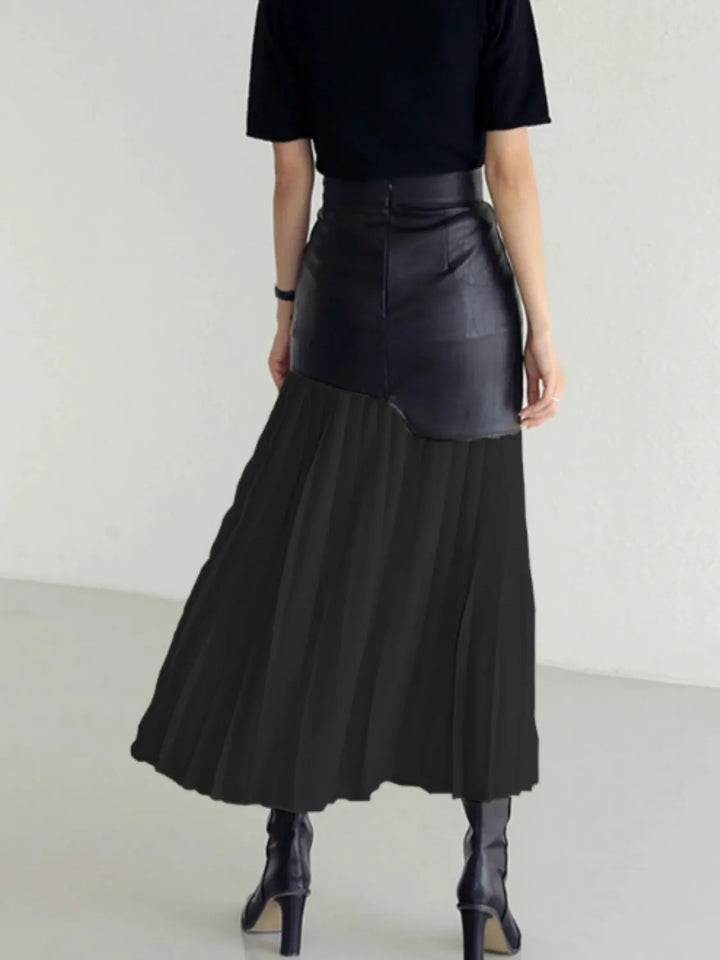 Faux leather panel pleated midi skirt