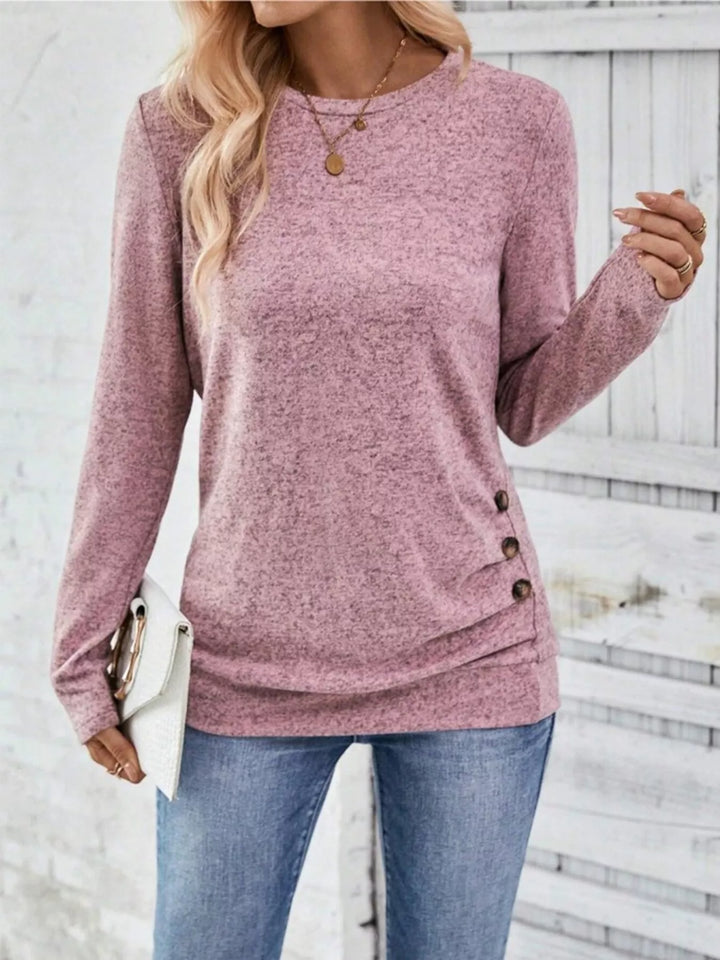 Decorative side-button long sleeve knit top
