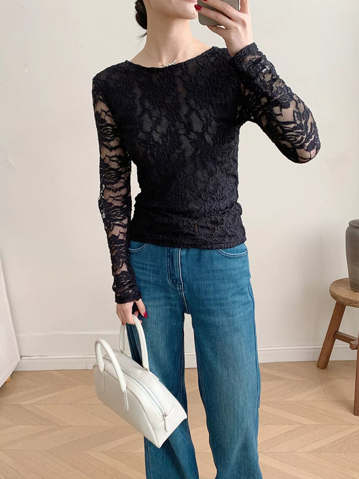Sheer floral lace round neck long sleeve top