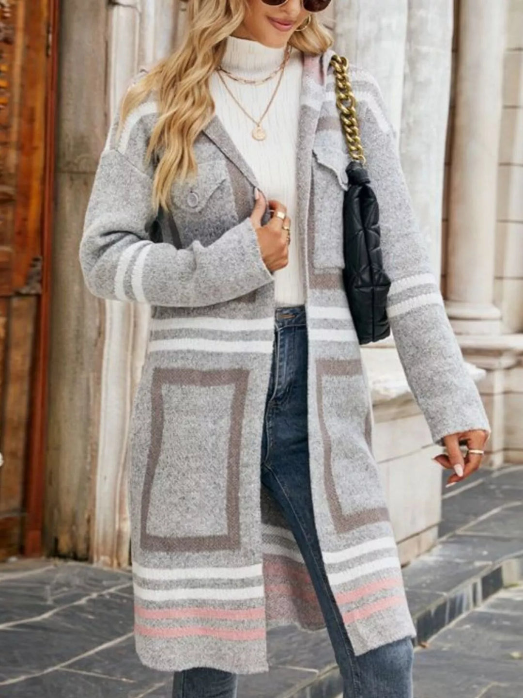 Grey Striped hooded longline cardigan with flap pockets