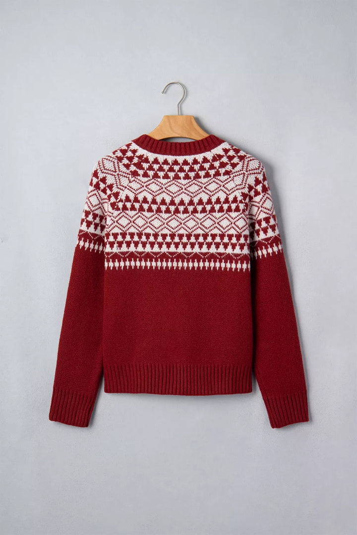 Fair isle geometric knit button-front cardigan