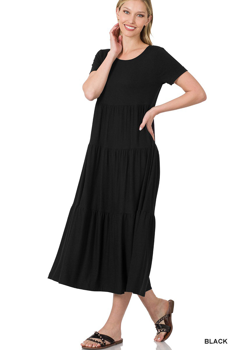 Short Sleeve Tiered Midi Dress - Azoroh
