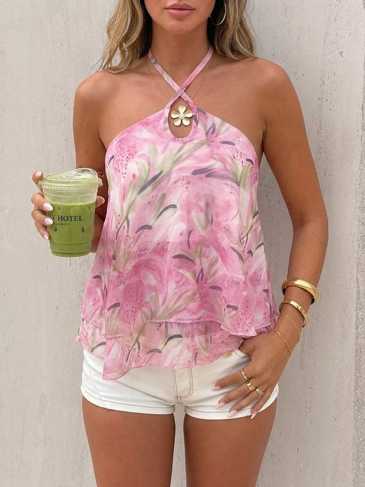 Floral halter cami with keyhole cutout and tiered ruffle hem