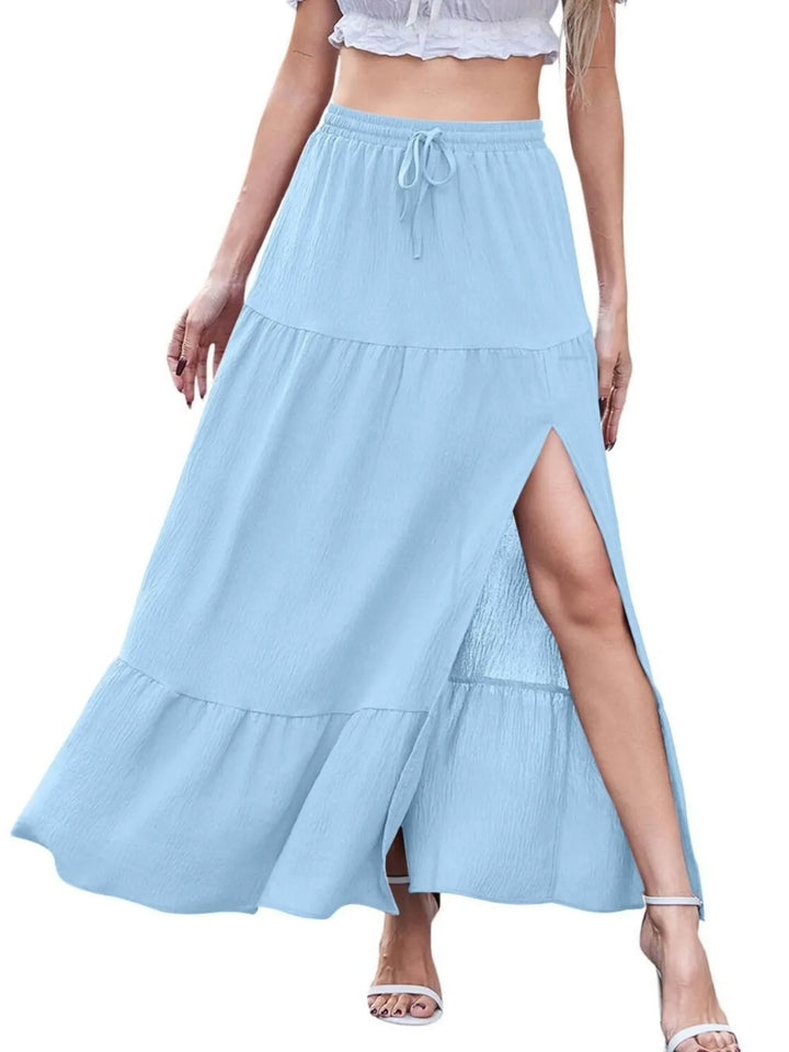 Tiered ruffled maxi skirt with front slit