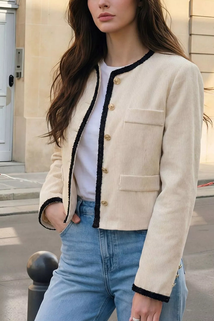 Contrast trim corduroy cropped jacket with gold buttons