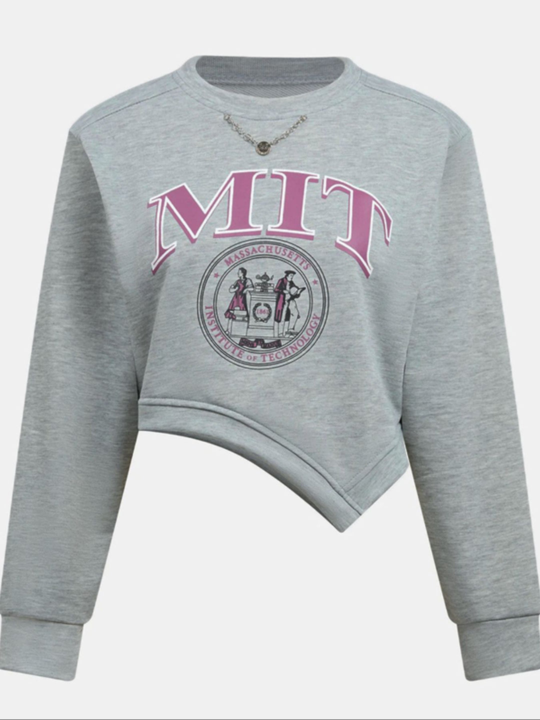 Collegiate graphic cropped sweatshirt with asymmetrical hem