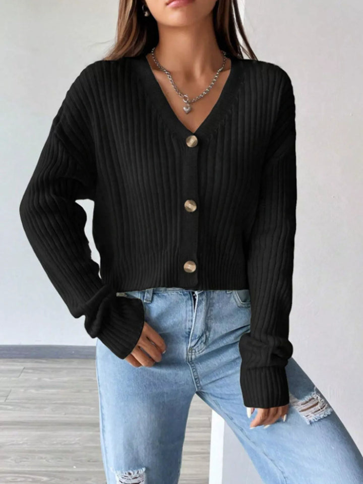 Ribbed knit V-neck button-up cardigan with drop shoulders