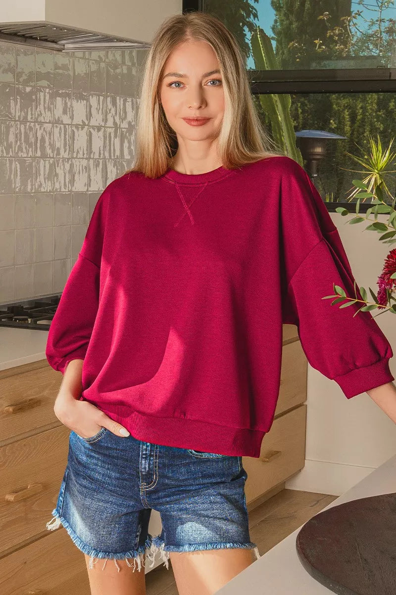 Puff sleeve crew neck scuba sweatshirt with ribbed hem