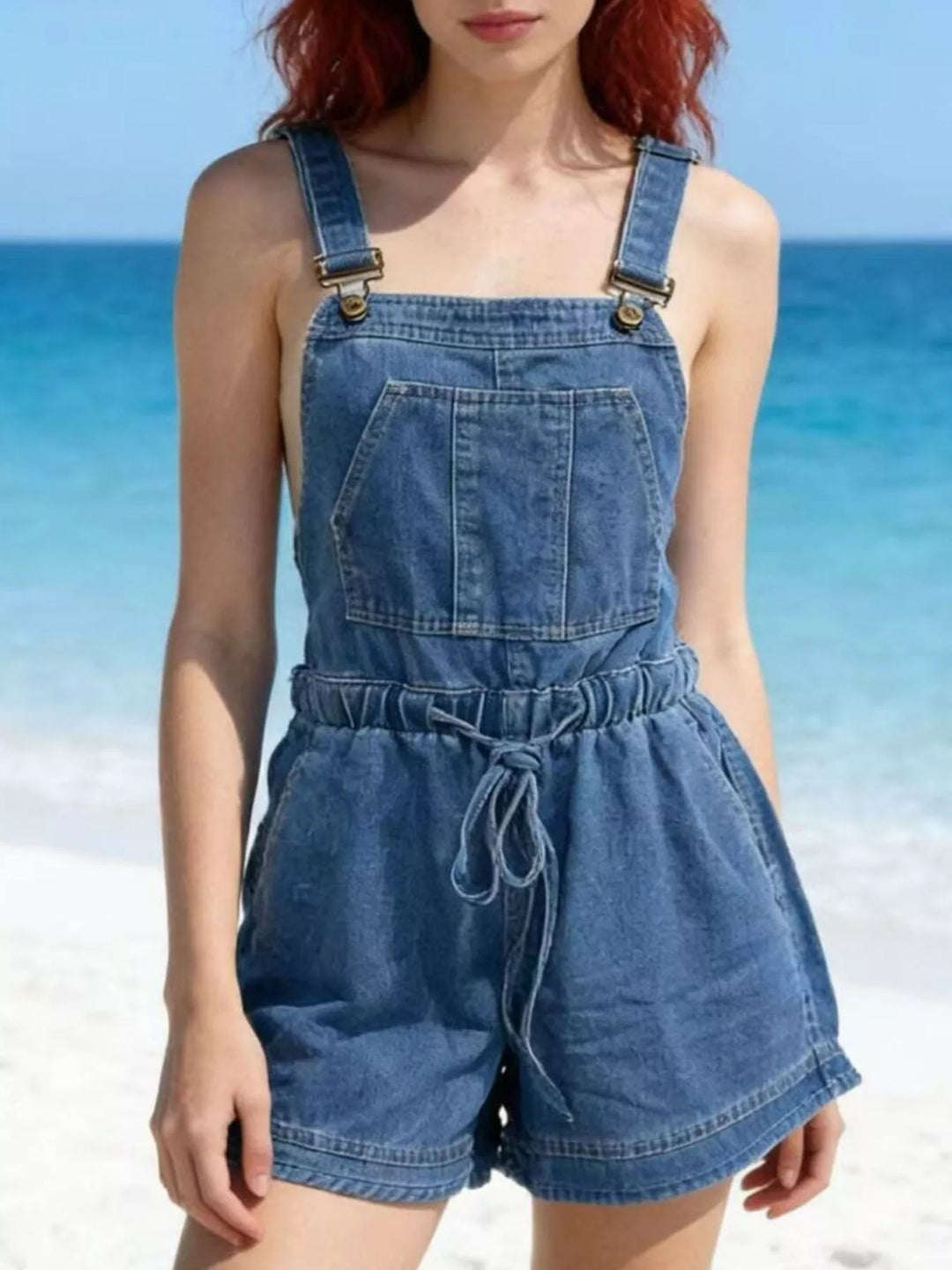 Tie-waist denim overall shorts with adjustable straps