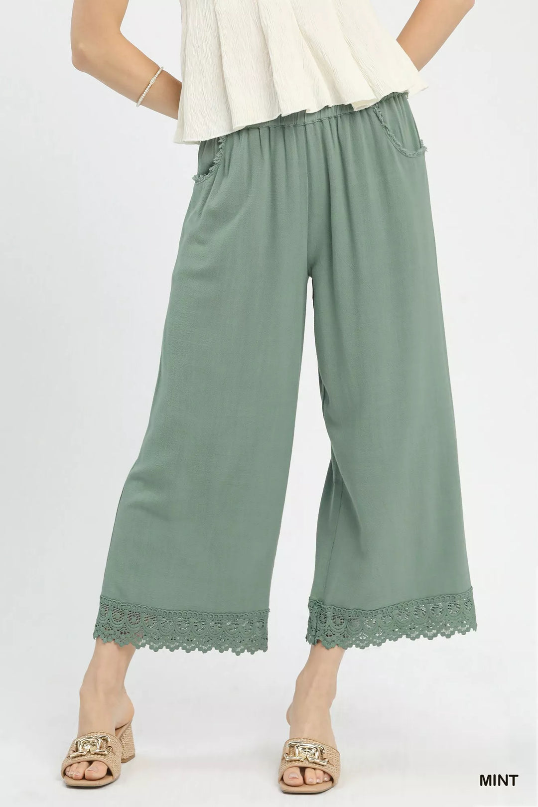 MINT Wide-leg cropped linen pants with lace hem trim