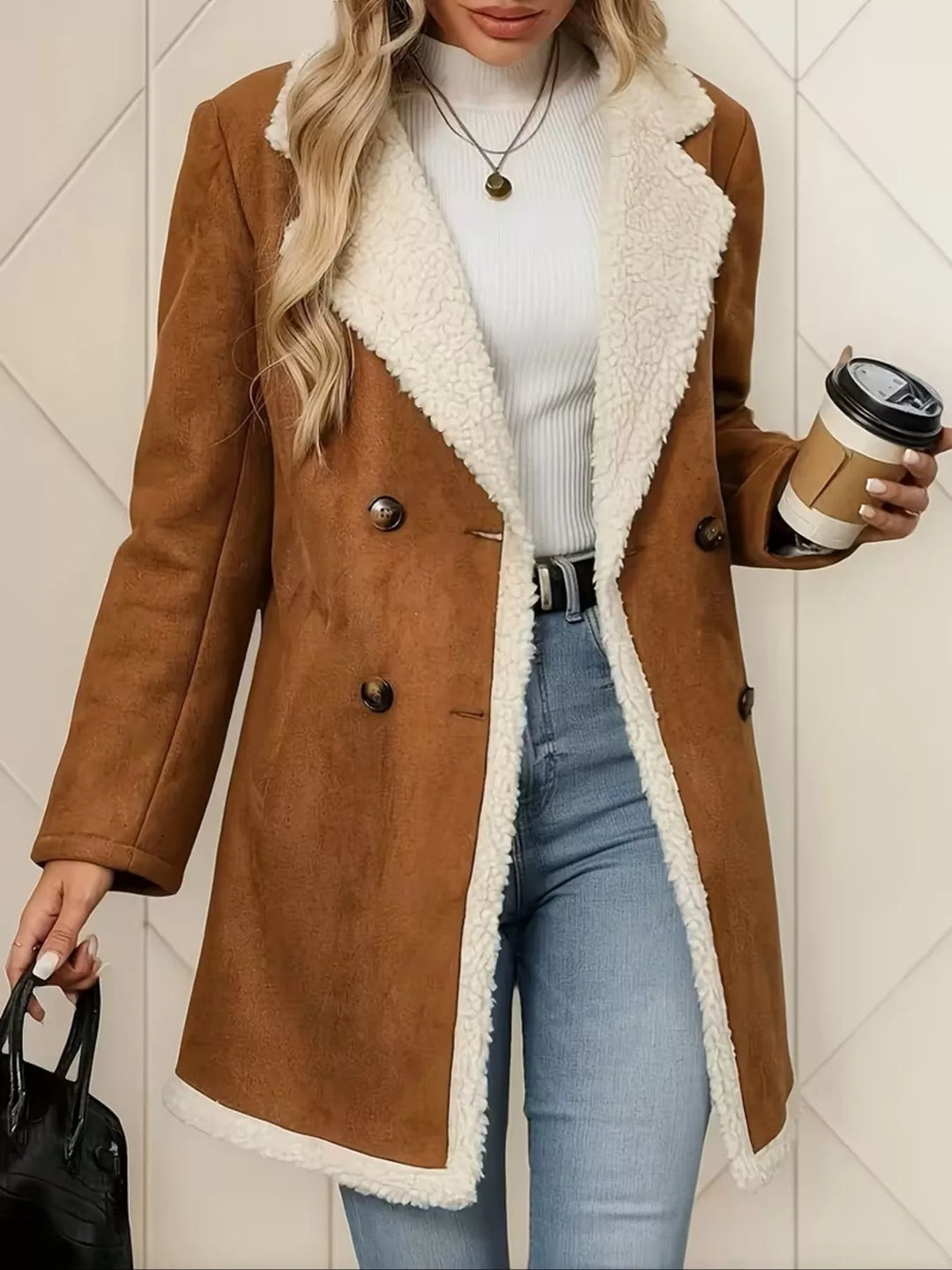 Double-breasted faux suede coat with sherpa trim