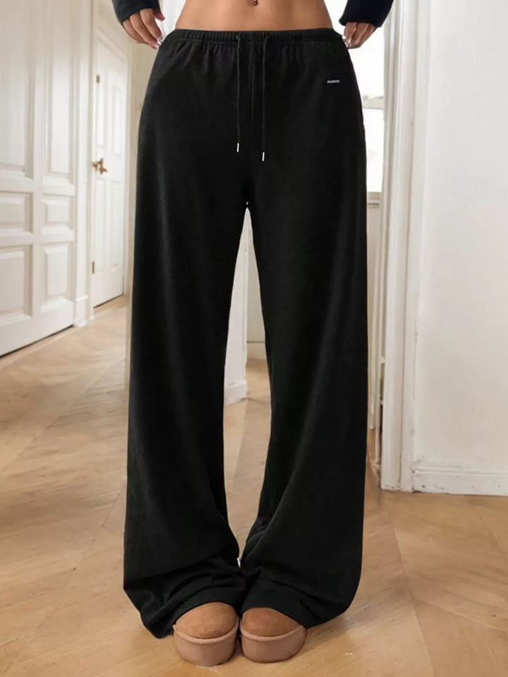 Black Wide-leg drawstring pants with elasticized waist