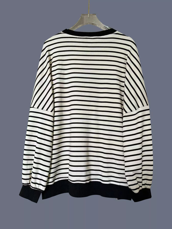 Striped henley sweatshirt with wooden button placket