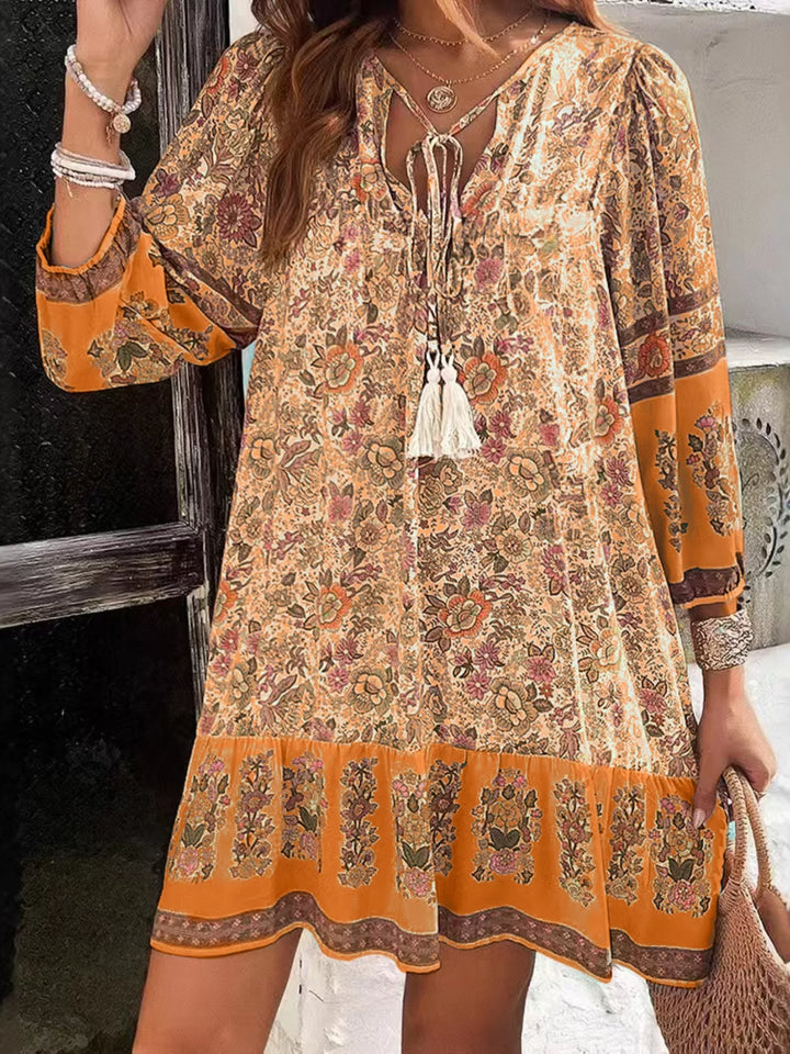 Ochre Boho floral v-neck mini dress with tassel tie and long sleeves