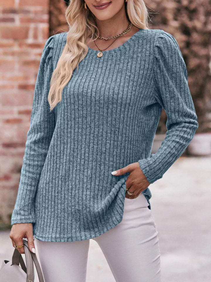 Dusty Blue Ribbed knit long sleeve top with puff shoulders