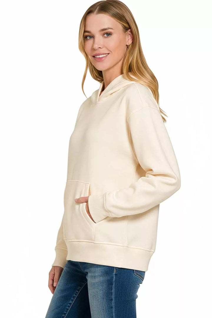Ribbed-cuff fleece pullover hoodie with kangaroo pocket