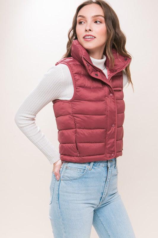 High Neck Zip Up Puffer Vest with Storage Pouch - Azoroh