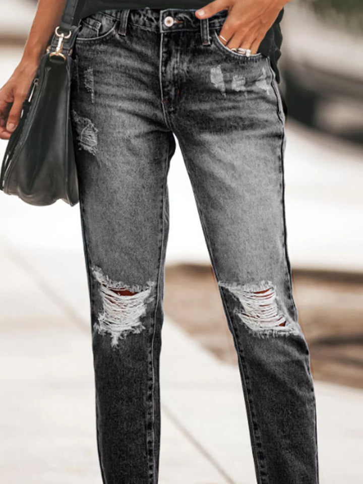 Distressed straight-leg ankle jeans with raw hem