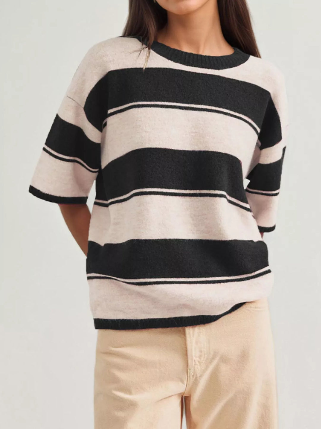 Black Striped short sleeve knit sweater with ribbed trim