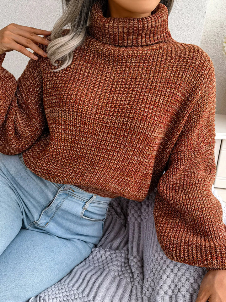 Waffle knit turtleneck sweater with dropped shoulders
