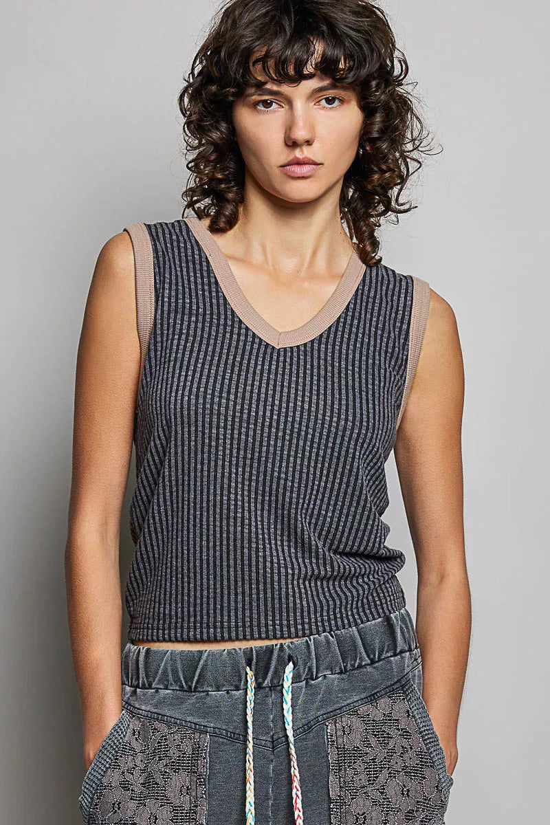 V-neck ribbed sleeveless tank with contrast trim