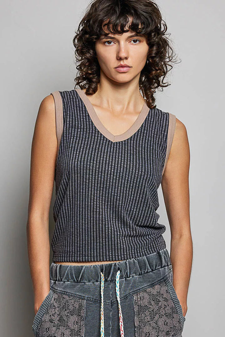 V-neck ribbed sleeveless tank with contrast trim