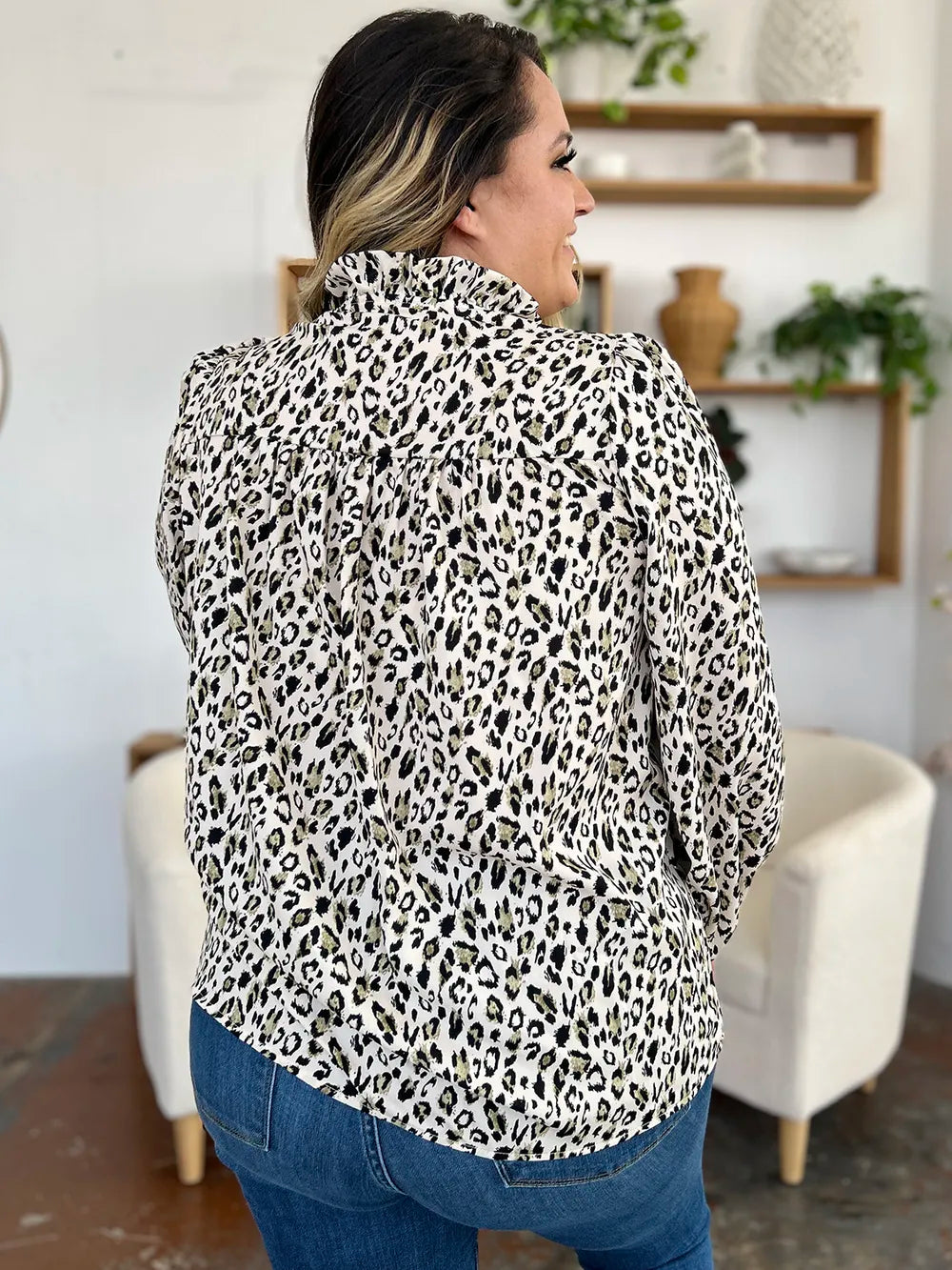 Leopard print button-front long sleeve tunic blouse