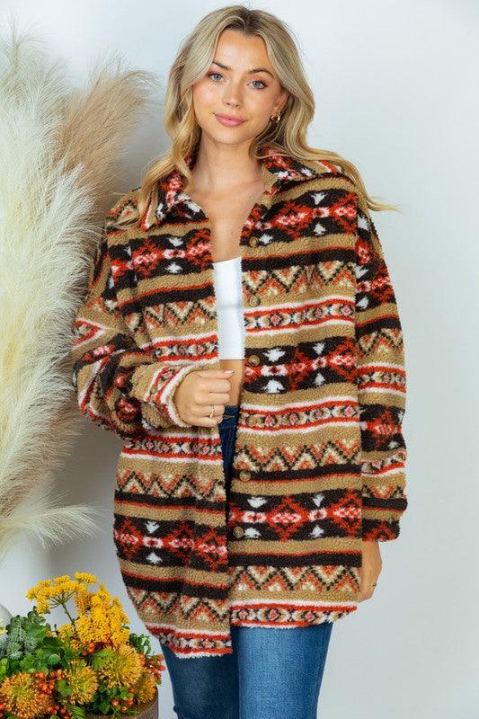 Long Sleeve Aztec Print Woven Jacket - Azoroh
