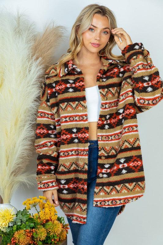 Long Sleeve Aztec Print Woven Jacket - Azoroh