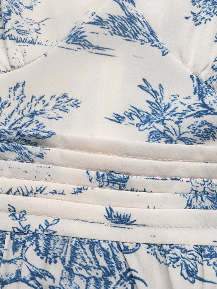 Toile print V-neck midi dress with ruched waist