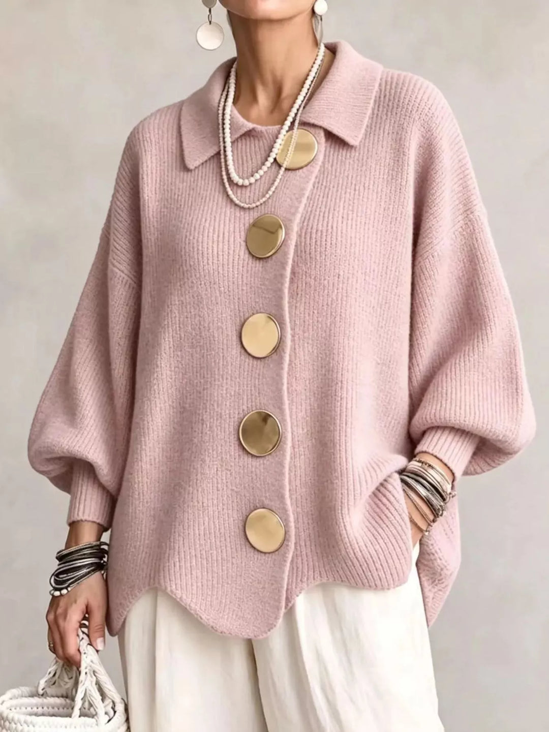 Pink Oversized gold button ribbed knit collared cardigan
