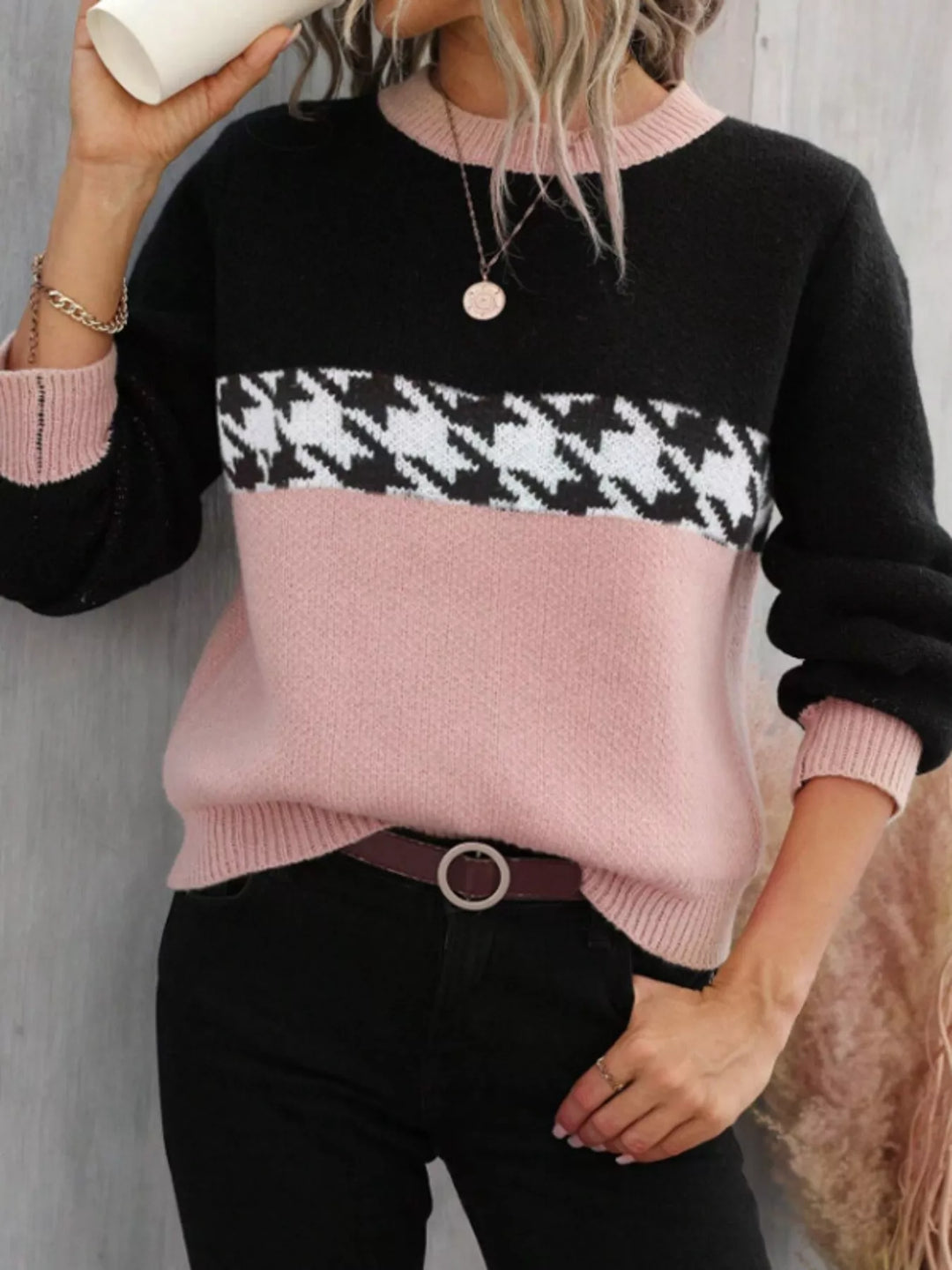 Dusty Pink Color block houndstooth crew neck sweater