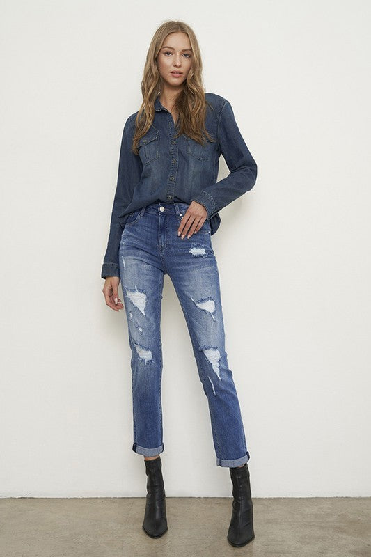 Cosette Distressed Girlfriend Jeans Mid-Rise
