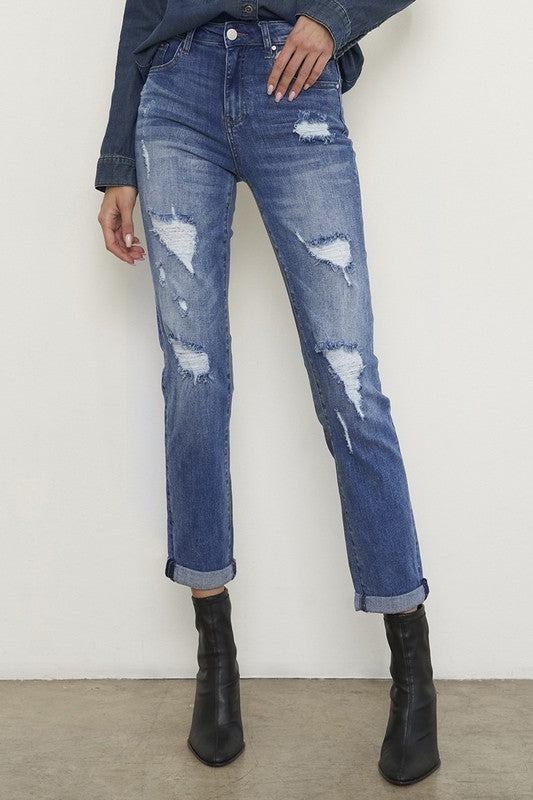 Cosette Distressed Girlfriend Jeans Mid-Rise