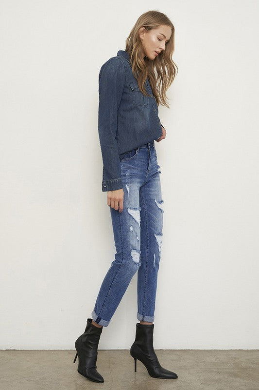 Cosette Distressed Girlfriend Jeans Mid-Rise