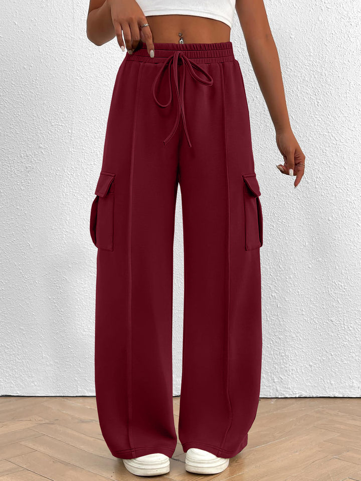 Burgundy Drawstring high-waist wide-leg cargo pants with flap pockets