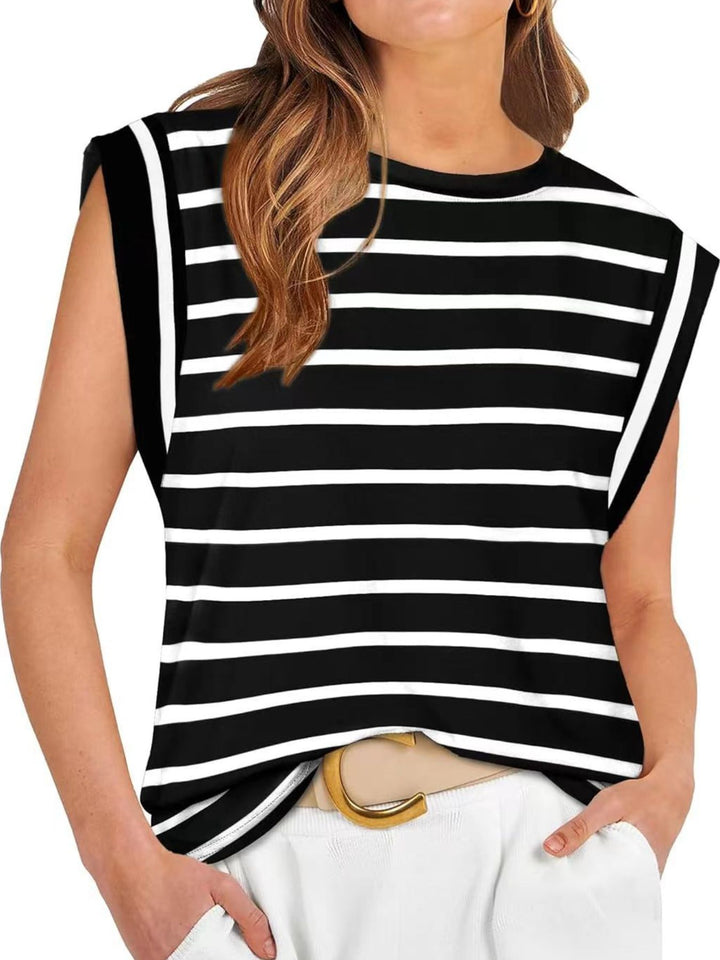 Black Striped cap-sleeve crew neck muscle tank top