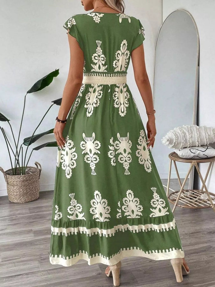 Ornate print v-neck maxi dress with flutter sleeves