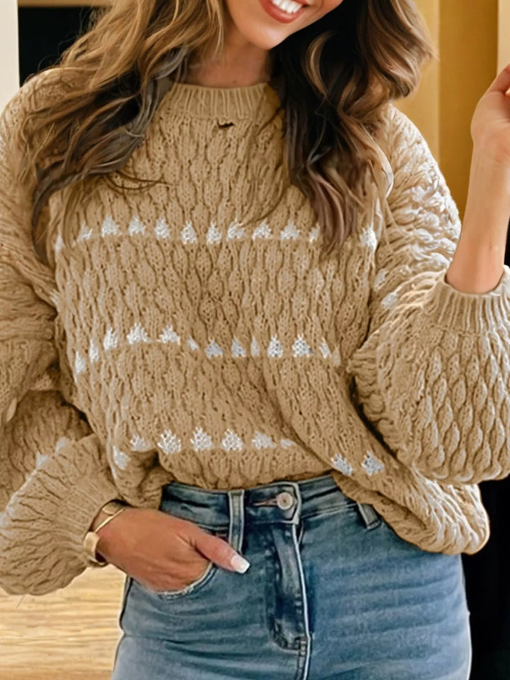 Textured knit puff sleeve sweater with contrast stripe detail