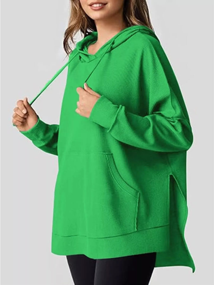 Green Oversized waffle-knit hoodie with side slits and front pocket