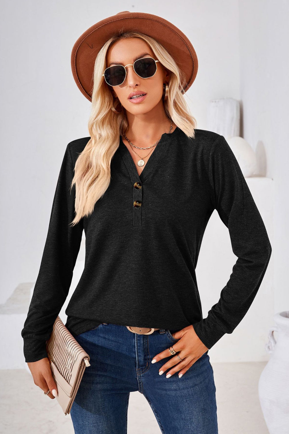Black Buttoned split V-neck long sleeve henley top