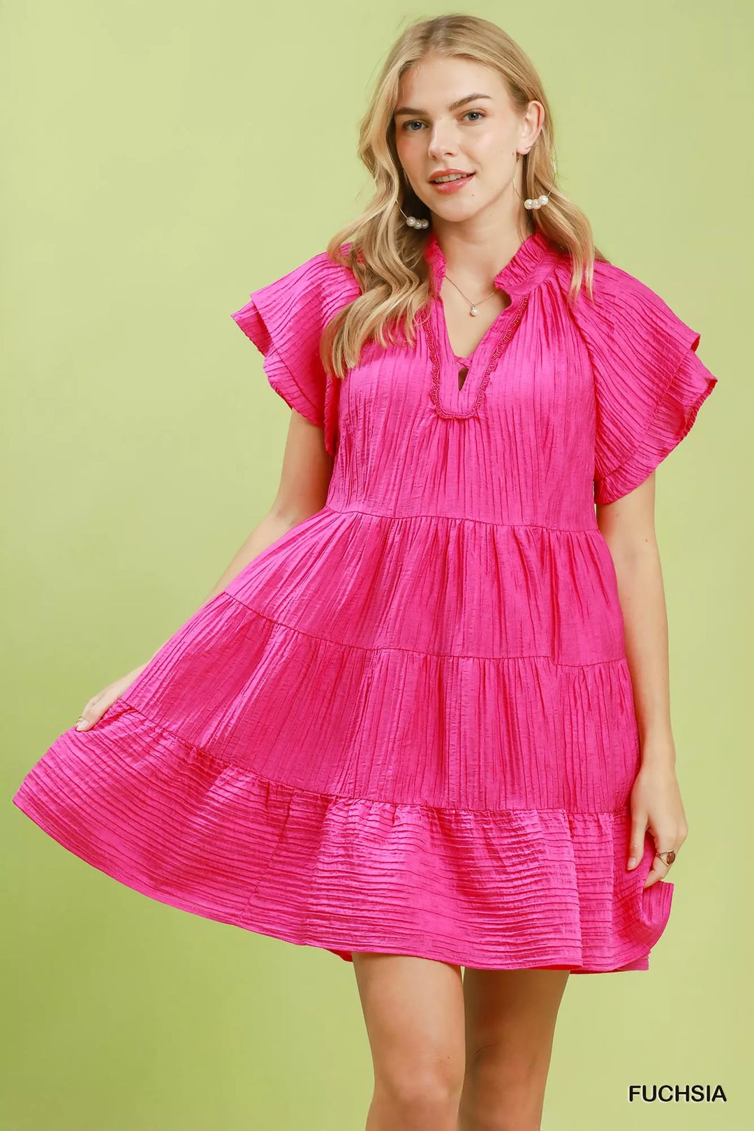 FUCHSIA Textured tiered mini dress with flutter ruffle sleeves