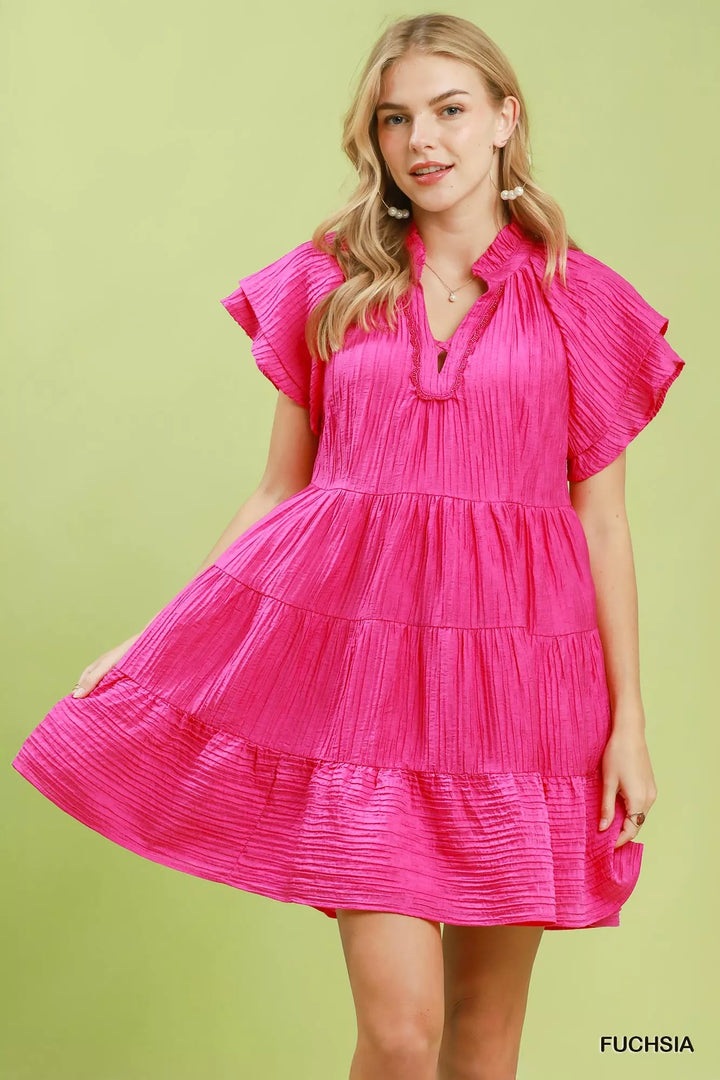 FUCHSIA Textured tiered mini dress with flutter ruffle sleeves