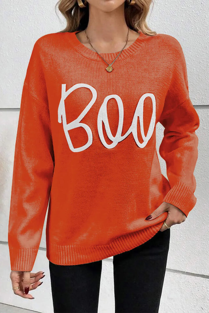 Orange Boo embroidered script crew neck Halloween sweater